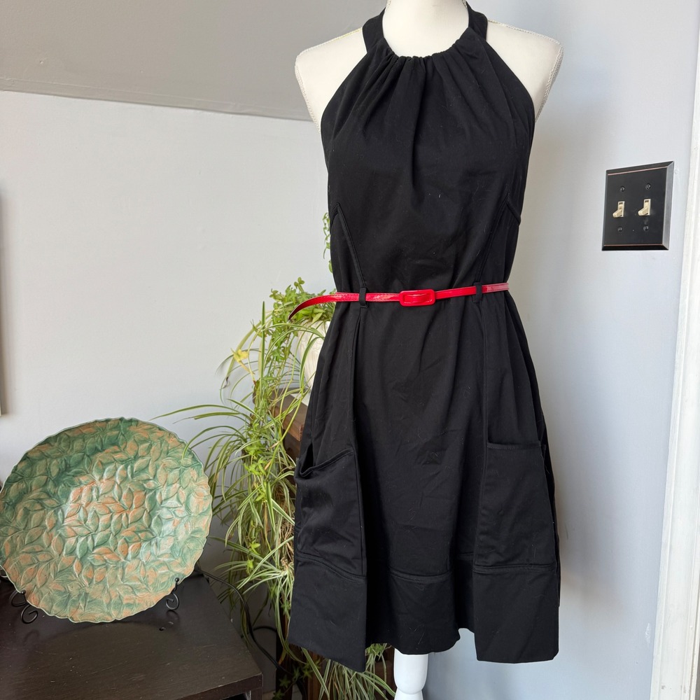 Maggy L Black Halter Midi Dress with Red Belt Pockets Size 14 Cotton Blend